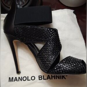 Manolo Blahnik Black Strappy/Sparkle Textured Heels-39